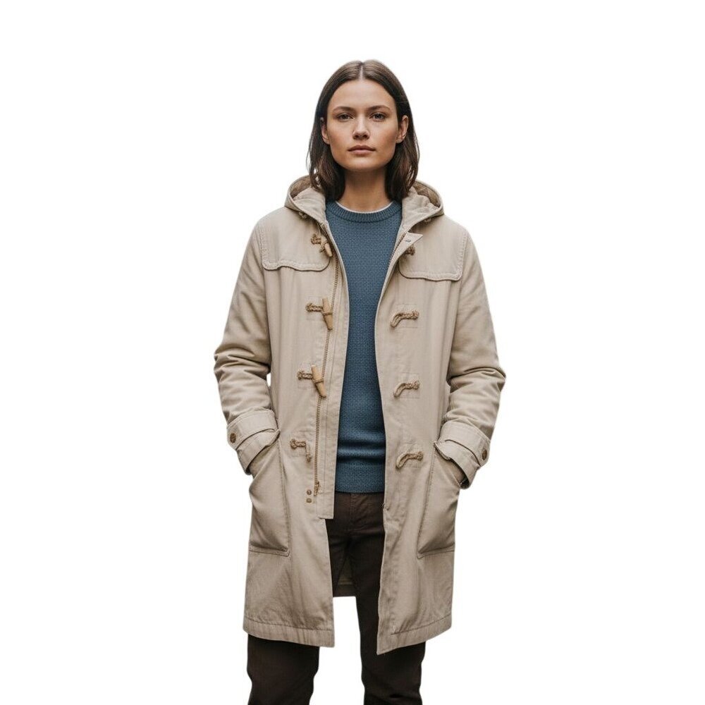 J. Peterman Cotton Linen Duffle Coat Snap Button Hook Closure Pockets Size M